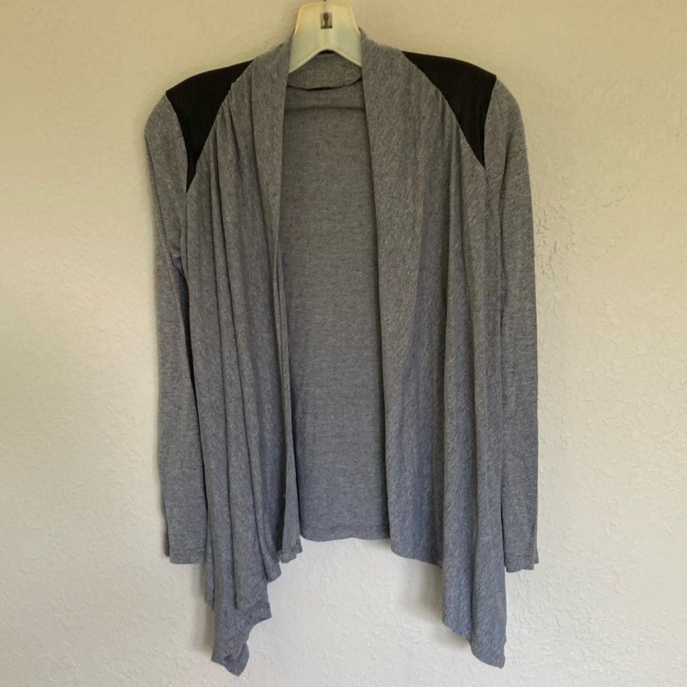 RolyPoly Jersey Waterfall Cardigan Sweater Grey Black Faux Leather Shoulder